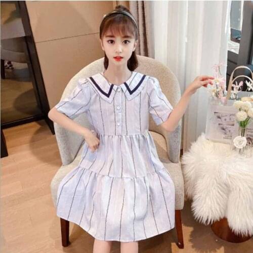 Cultiseed Girls Summer New Vintage Striped Short Sleeve Dress Children Studens Fashion Casual Knee Length Gowns Clothing
