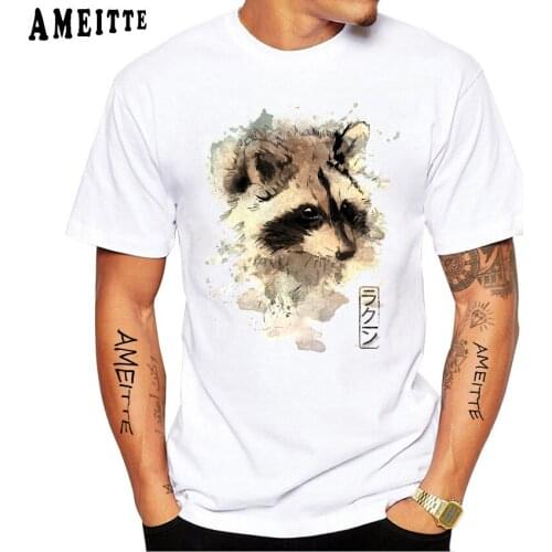 Summer Fashion Men Short Sleeve Funny Raccoon Print T-Shirt Harajuku Watercolor Cute Animal Design Hip Hop Hipster Top Man Tees