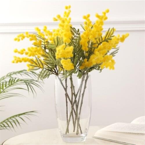 38cm Fake Acacia Artificial Flowers Yellow Mimosa Spray Cherry Fruit Branch Wedding Home Table Decoration Fake Flower