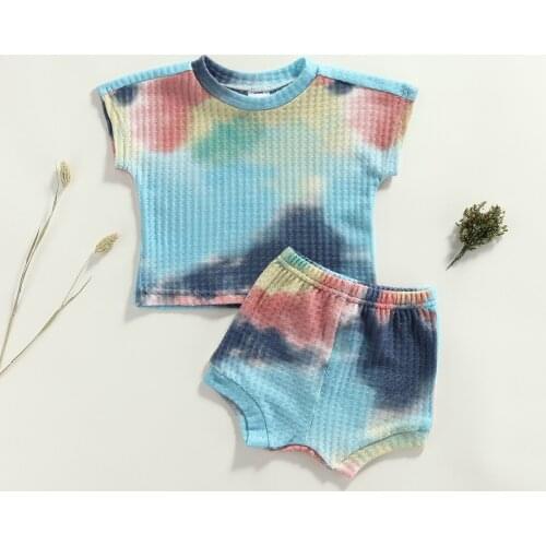 0-18M Newborn Baby Boys Girls Clothes Sets Waffle Tie-dye Short Sleeve Romper + Shorts Summer Clothing Set