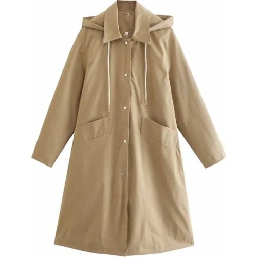 Vogue Women Fashion Double Pockets Spirng Autumn Khaki Hooded Long Windbreaker Chic Girls Casual Drawstring Hoodies Coats