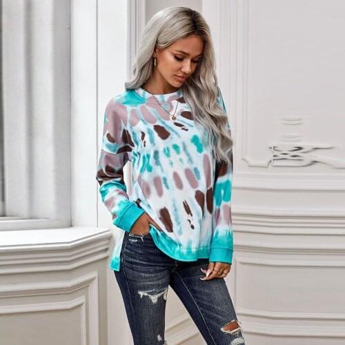 Multicolor Tie-dye Side Slits Pullover Sweatshirt Top Women Autumn Casual Color Block Sweatshirt Tops