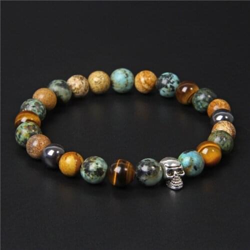Skull Bracelets For Men Natural Tiger Eye Bracelet Homme Jewelry 8 mmPolished African Turquois Beads Bangle Silverplated Pulsera