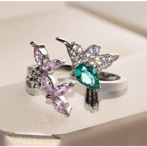2019 New Luxury Shine Green Stone Cublic Zircon Cute Hummingbird&Pink Flower Ring Bird Shaped Rings for Women Hyperbole Jewelry