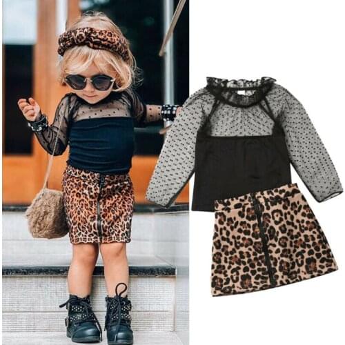 Toddler Kid Baby Girl Clothes Long Sleeve Lace Top+Leopard Skirt Pants Outfit Autumn Outfit Set 1-6Y 2PCS Outfits Sunsuit
