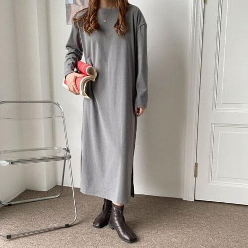 Solid Minimalist Long Womens Dresses Spring Autumn Long Sleeve O-Neck Casual Straight Chic Female Loose Dress 2021 New