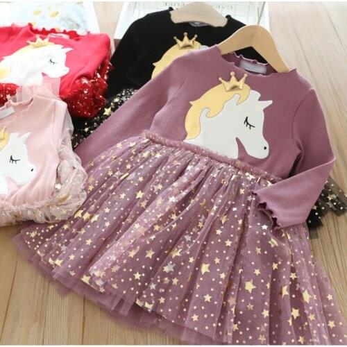Girls Unicorn Dress Spring Autumn Kids Cartoon Print Princess Star Mesh Dresses 3-7 Years Children Birthday Party Clothes