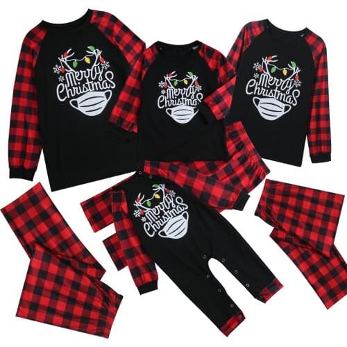 Christmas Family Matching Pajamas Sets, Plaid Round Neck Long Sleeve Baby Romper/ Pullover+ Trousers
