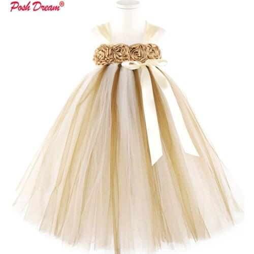 POSH DREAM Brown Flower Girls Wedding Dresses for Party Ivory Cute Flower Children Birthday Clothes Floral Baby Tutu Dresses