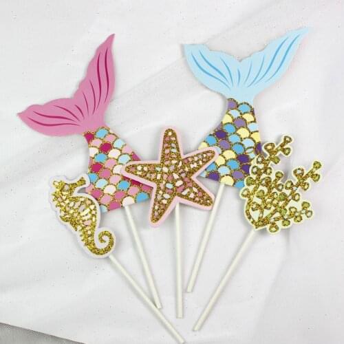 5PCS Ocean Theme Cake Toppers Set Mermaid Tail Glitter Cupcake Topper For Baby Shower Boys Girls Birthday Party Favor Cake Pick