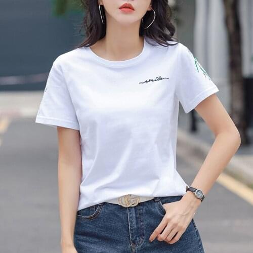 Elegant Embroidery Flowers Short Sleeve Cotton T-Shirts Women Loose 2021 Summer O-Neck Tshirt Lady Fashion Brand Large Size Tops