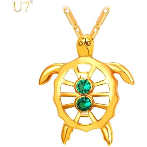 U7 New Gold Color Jewelry Women Green Necklace Fashion Trendy Cubic Zircon Animal Charm Hollow Turtle Pendant P898