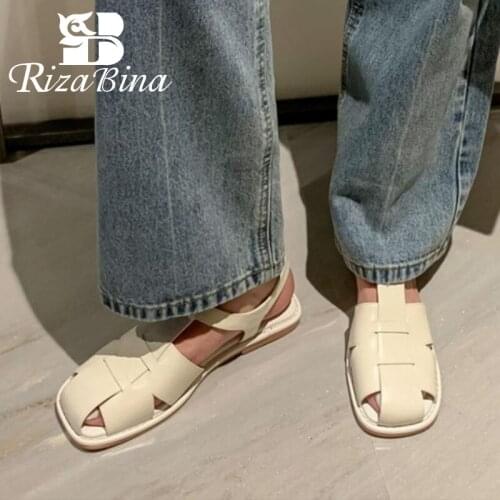 RIZABINA Size 33-40 Women Summer Shoes Real Leather Buckle Flat Heel Sandals For Women Fashion Casual Women Daily Vacation Shoes