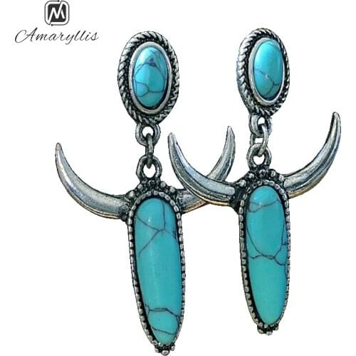 Amaiyllis Tribal Metal Ox Pendant Stud Earrings For Women Bohemia Geometric Turquoises Earrings Ethnic Stone Statement Earrings