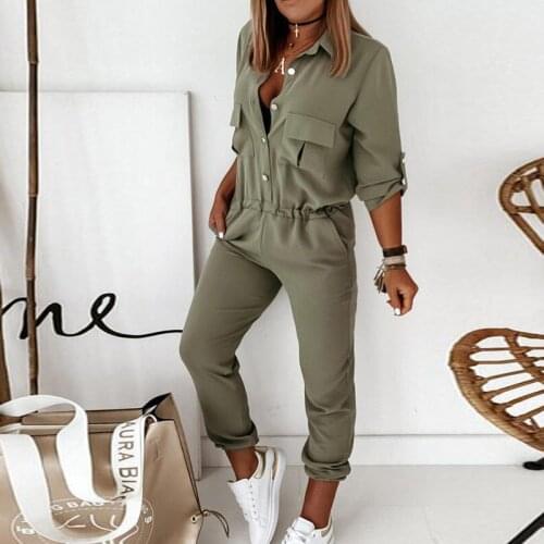 Jumpsuit Women 2021 Spring Solid Elastic Waist Overalls Playsuit Summer Elegant Turn-down Collar Button Slim Cargo Pants Romper