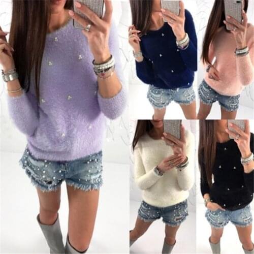 Autumn Winter Sweater Women Fashion Faux Pearl Beading Solid Color Sweaters Plush Long Sleeve Pullover Warm Sweater Pull Femme
