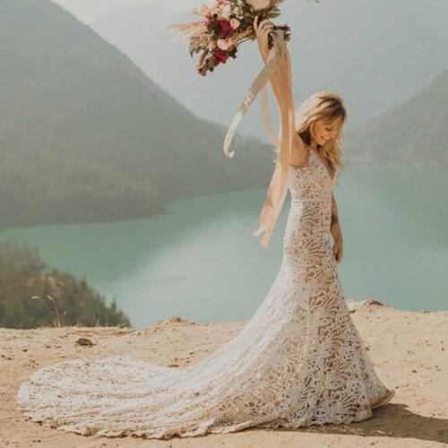 Mermaid Butterfly Cut Out Lace Wedding Gown Beach V Neck Custom Made Zipper Open Back Plus Size Buttons Sweep Train Bridal Dress