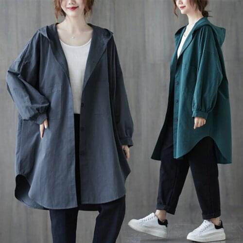 2021 Women Autumn Plus Size Hooded Coat Jacket Solid Long Cardigan Female Windbreaker Large Style Vintage New Basic Oversize