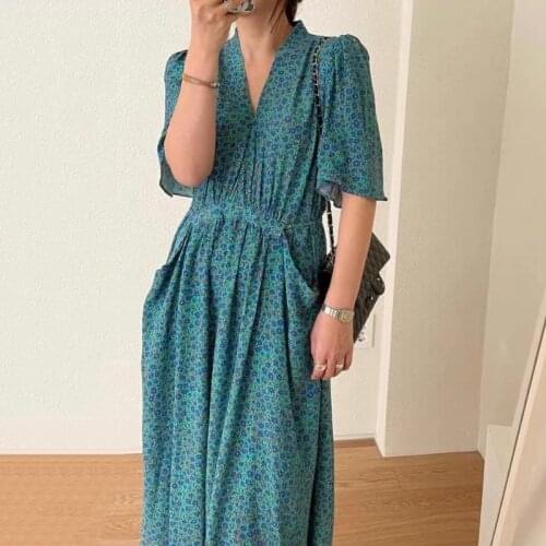 2021 Summer Dress V-neck Pocket Waist Dresses for Women Chic Retro Flower A-line Ladies Dress French Style Vestidos New 15236