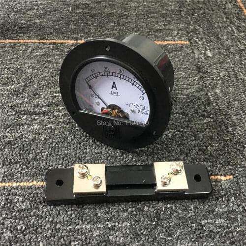 1pcs 62C2 DC 50A Round Analog Amp Panel Meter Current Ammeter Gauge Mechanical Pointer DC 0-50A w 75mV External Shunt Resistor