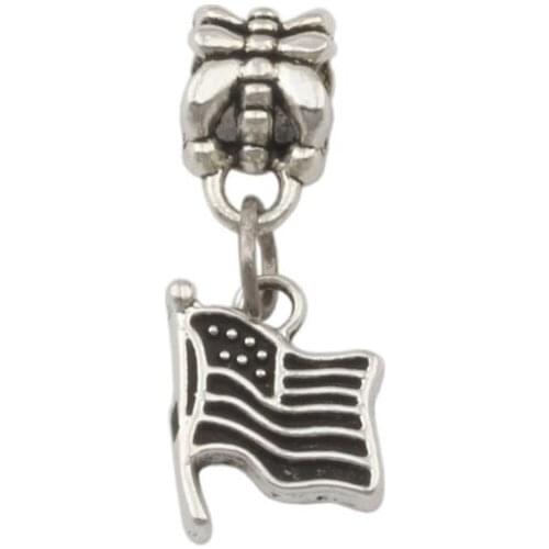 100pcs/lot Dangle Zinc alloy American flag Charm Big Hole Beads Fit European Charm Bracelet Jewelry 9.5x24mm A-246a