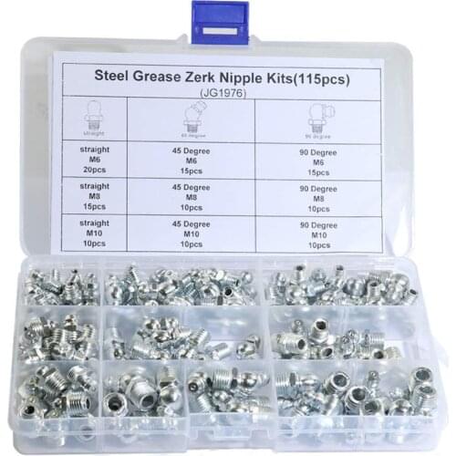 115Pcs M6/M8/M10 Metal Brass Zerk Grease Nipple Fitting Hardware Assortment Kits