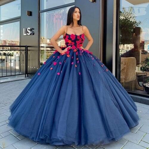 2020 Girls Spaghetti Strap Floral Flowers Navy Ball Gown Prom Dress