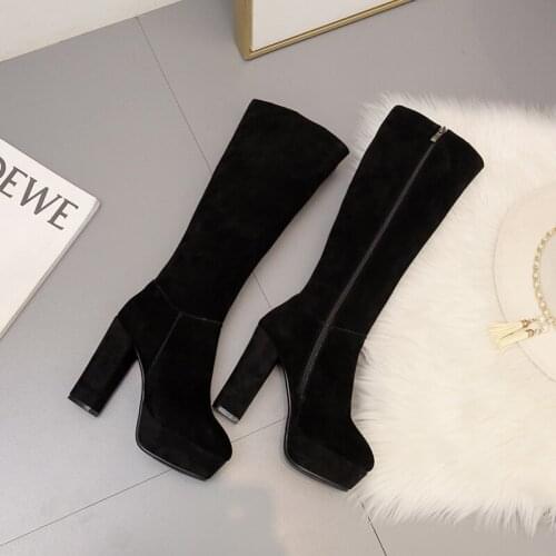 2021 Brand Genuine Leather Boots Elegant Knee-High High Heels Platform Boots Handmade Sexy Solid Career Women Shoes