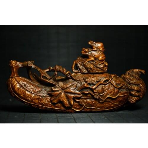 8"China Lucky Old Boxwood Hand-carved Frog statue Lotus root Quack Lai Cai Office Ornaments Town House Exorcism