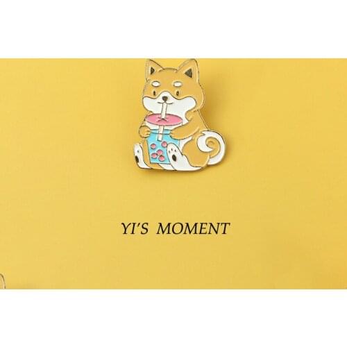 Chai dog drinking milk tea Enamel Pins and Brooches for Women Men Lapel Pin Backpack Bags Badge Kids Gifts