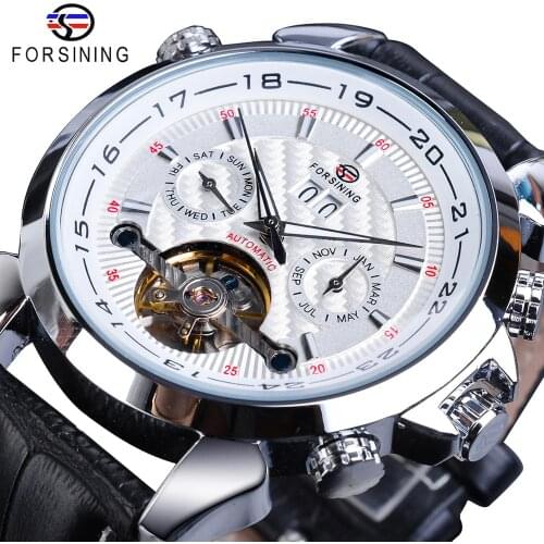 Forsining White Tourbillon Mechanical Men Watches Automatic Calendar Skeleton Genuine Leather Belts Wristwatch Relogio Masculino