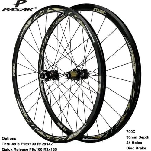Pasak 700c Road Bike Wheelset 30mm Rim 24 Holes Disc Rim V Brake Thru Axle 15*100mm 12*142mm Quick Release 9*100mm 9*135mm