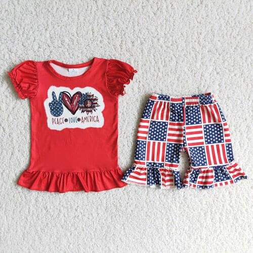 Best Selling Independence Day Summer Kids Clothing Set Toddler Girls Red Top And Shorts Outfit With Sunflower Print