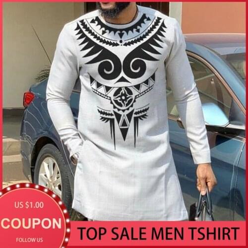 Mens Long Sleeve Shirts Print Gray T-shirt African Chilaba Loose Casual Tops Fashion Abaya Muslim Clothes For Male 2021 Fall