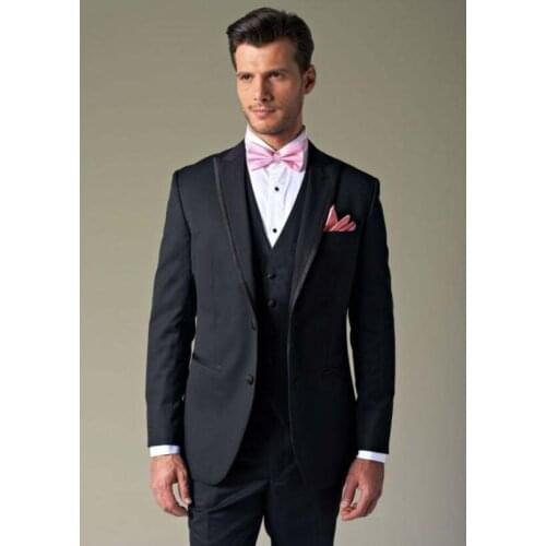 Custom Made Black Groom Mens Tuxedo Suits With Black Vest,Bespoke Black Tuxedo,Tailored 2 Button Peak Lapel Mens Suits