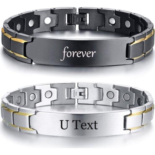 Customize ID magnet bracelet Stainless steel bent card 8 inch can be engraved mens bracelet black/Silver bracelet