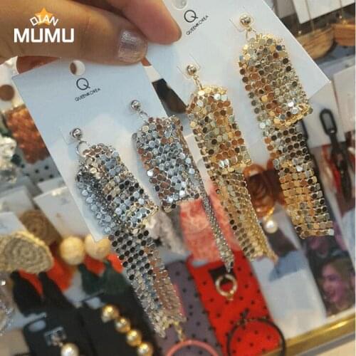 2021 Japan Korea new sequined metal tassel small square wedding dinner earrings womens fashion long pendant