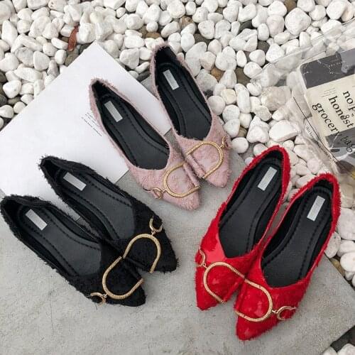 Flat Shoes Women Sweet Flats Women Shallow Boat Shoes Slip On Ladies Loafers Women Pointed Flats Metal decoration Black U15-38