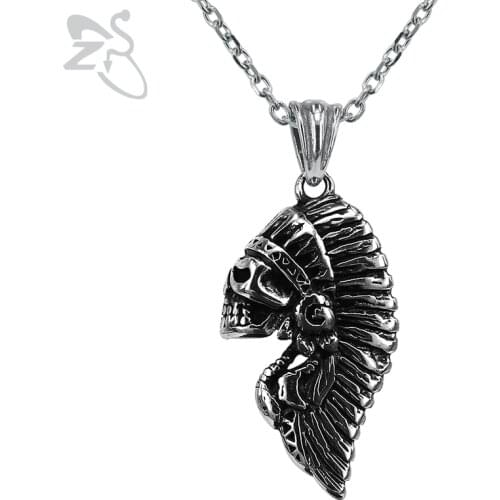 ZS Indian Skull Pendnat Necklace for Men Stainless Steel Jewelry Punk Style Necklaces Mens Rock Roll Jewelry Biker Necklace