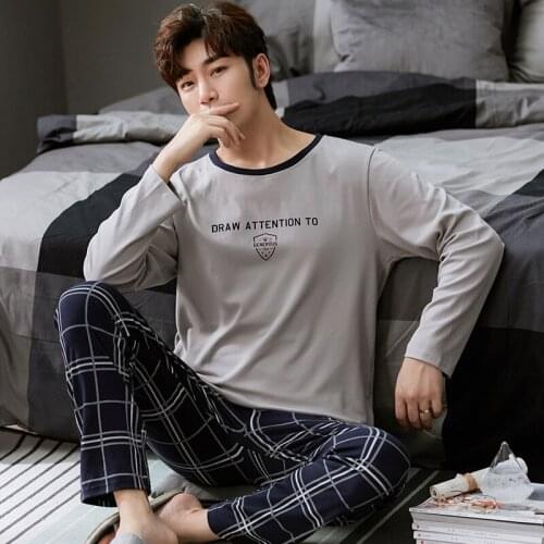 Autumn Winter Men Pajamas Set Long Sleeve Male Pajama Set Gray Cotton Pajamas For Men Casual Loose Sleepwear Suit Homewear XXXXL