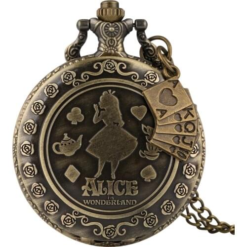 Retro Bronze Dream Alice in Wonderland Rabbit Poker Carousel Accessory Quartz Pocket Watch Chain Necklace Pendant For Girl Women