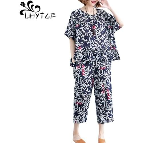 UHYTGF Women sets fashion cotton linen printed summer two piece set women Korean loose soft comfortable plus size tracksuit 1638