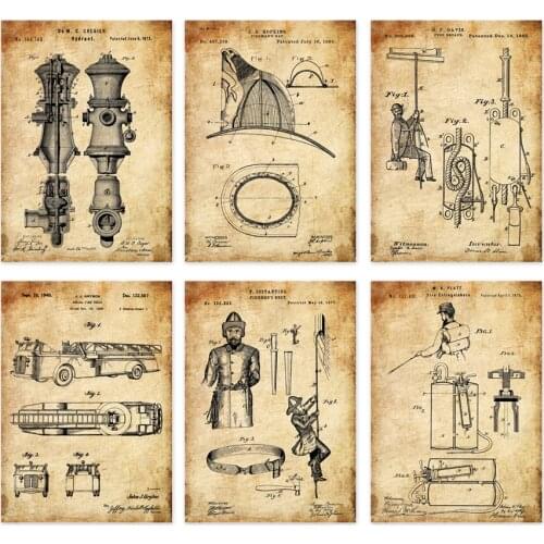 Vintage patent art prints on fireman gear clothe fire trucks wall decor prints 6 in 1 unframed