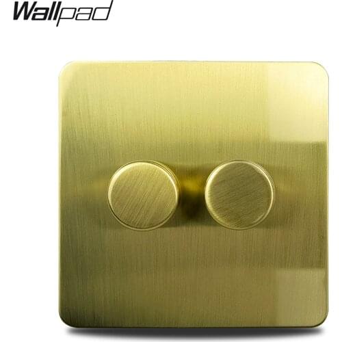Wallpad H6 2 Gang 2 Way Double LED Dimmer Switch Push On Off Brushed Satin Brass Stainless Steel Panel Metal Button