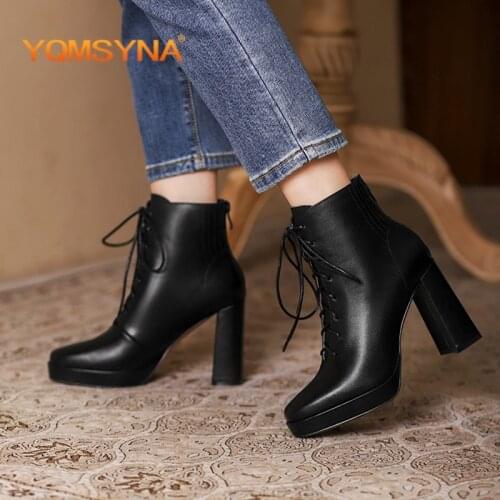 YQMSYNA Fashion Work Boots Genuine Leather Square Heel Round Toe Waterproof Platform Shoes Lace-up Office Lady High Heels AS321