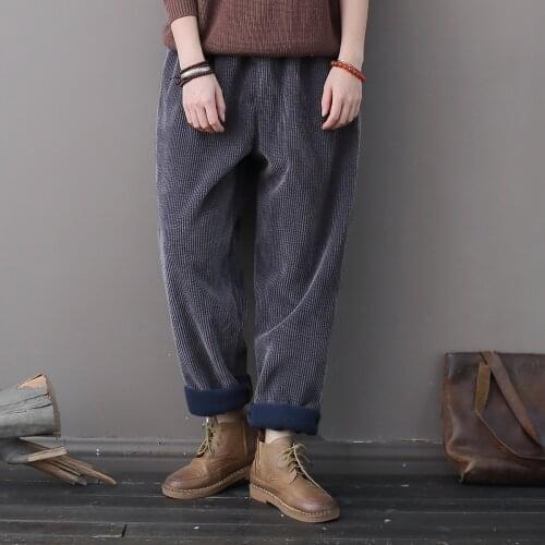 Women Cotton Corduroy Loose Elastic Waist Fleece Pants Ladies Retro Warm Trousers Female Thick Winter Pants 2019