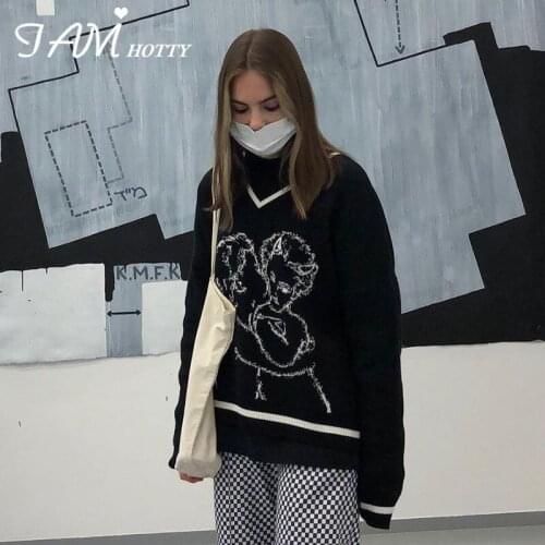 Angel Print V-neck Oversized Sweater Women y2k Harajuku Knitwear Gothic Kawaii Knit Jumpers Korean Loose Pullovers Fall Iamhotty