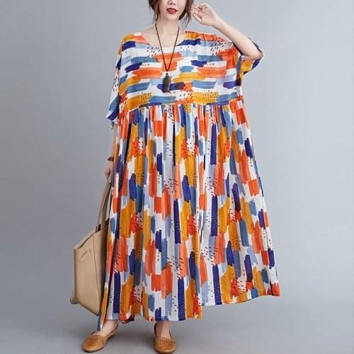 Oversized Women Loose Casual Dress New Arrival 2021 Summer Simple Style Vintage Print Female Cotton Linen Long Dresses S3354