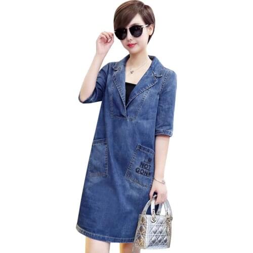 Summer New Denim Dress Plus Size 5XL Women Casual Fashion Loose Thin Short Sleeve V-neck Pocket Print Denim Dress Female Vestido