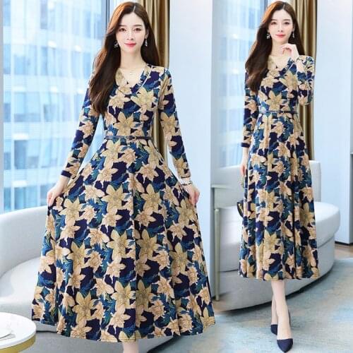 2021 Autumn New Retro V-neck Long Sleeve Collect Waist Flower Printed Dress Women Casual Long-sleeve Party Maxi Dress with Belt